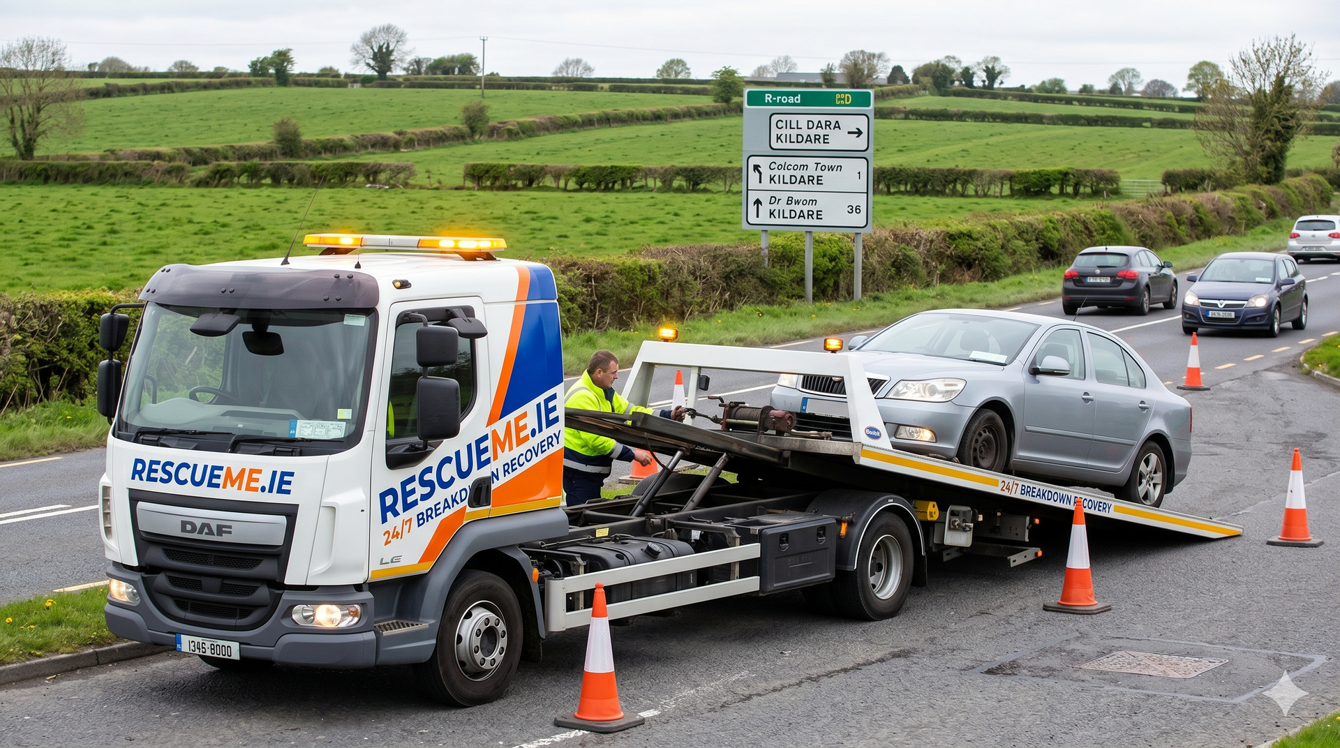 Tow truck assisting broken down car on the R401 near Rathangan in County Kildare