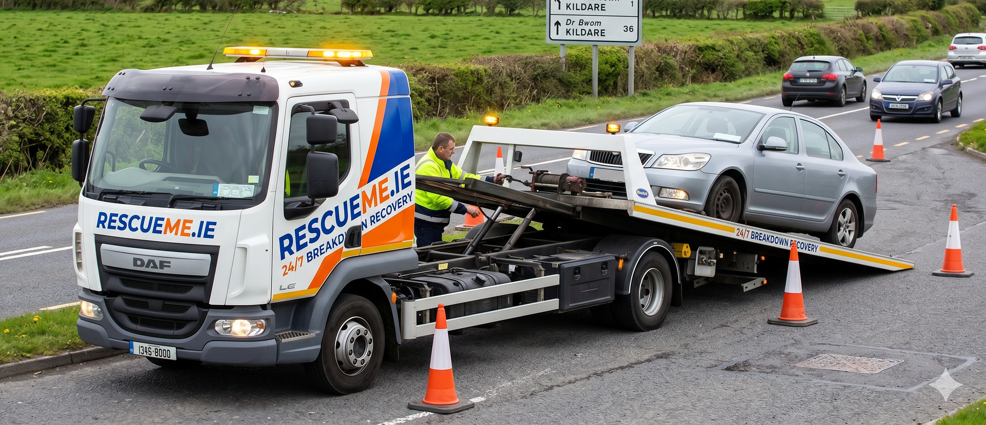 Tow truck assisting broken down car on the M7 near Newbridge in County Kildare