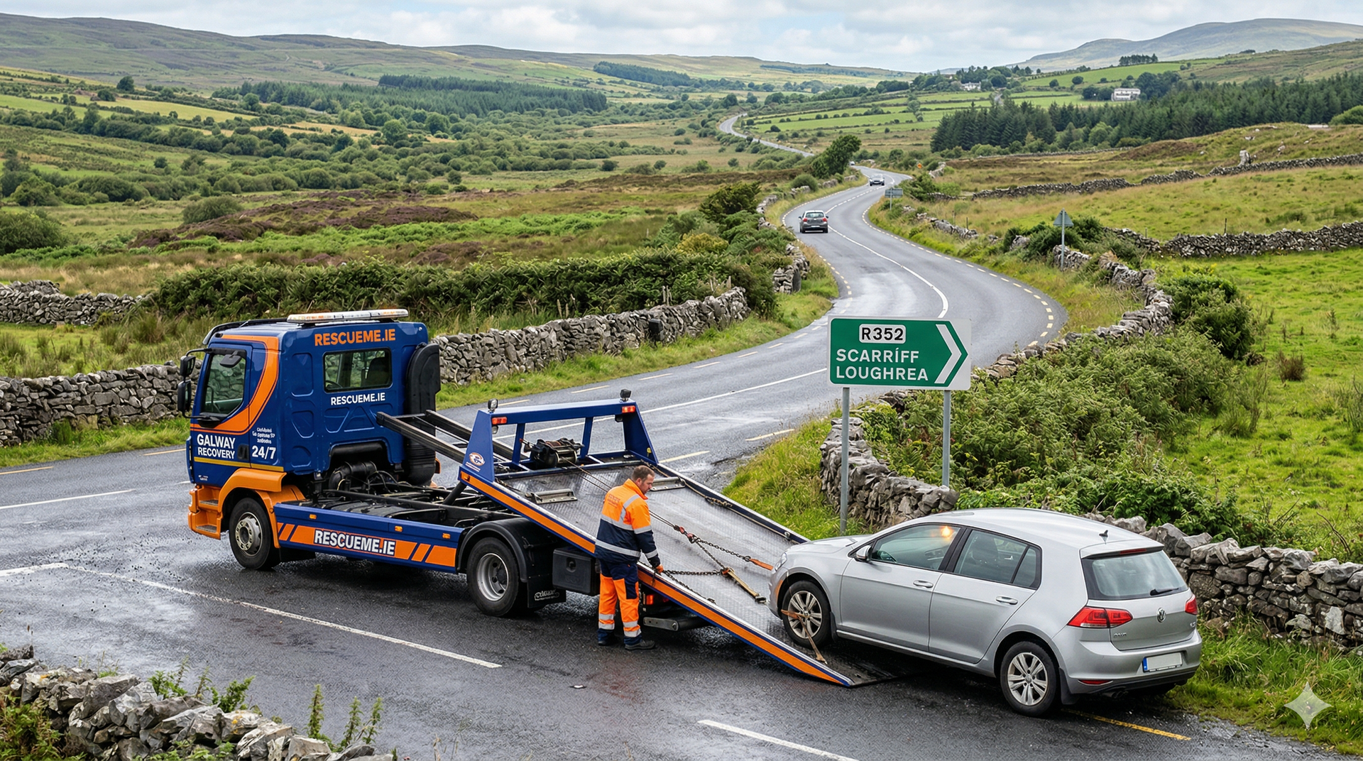Tow truck assisting a broken down car on the R352 near Ennis in County Clare
