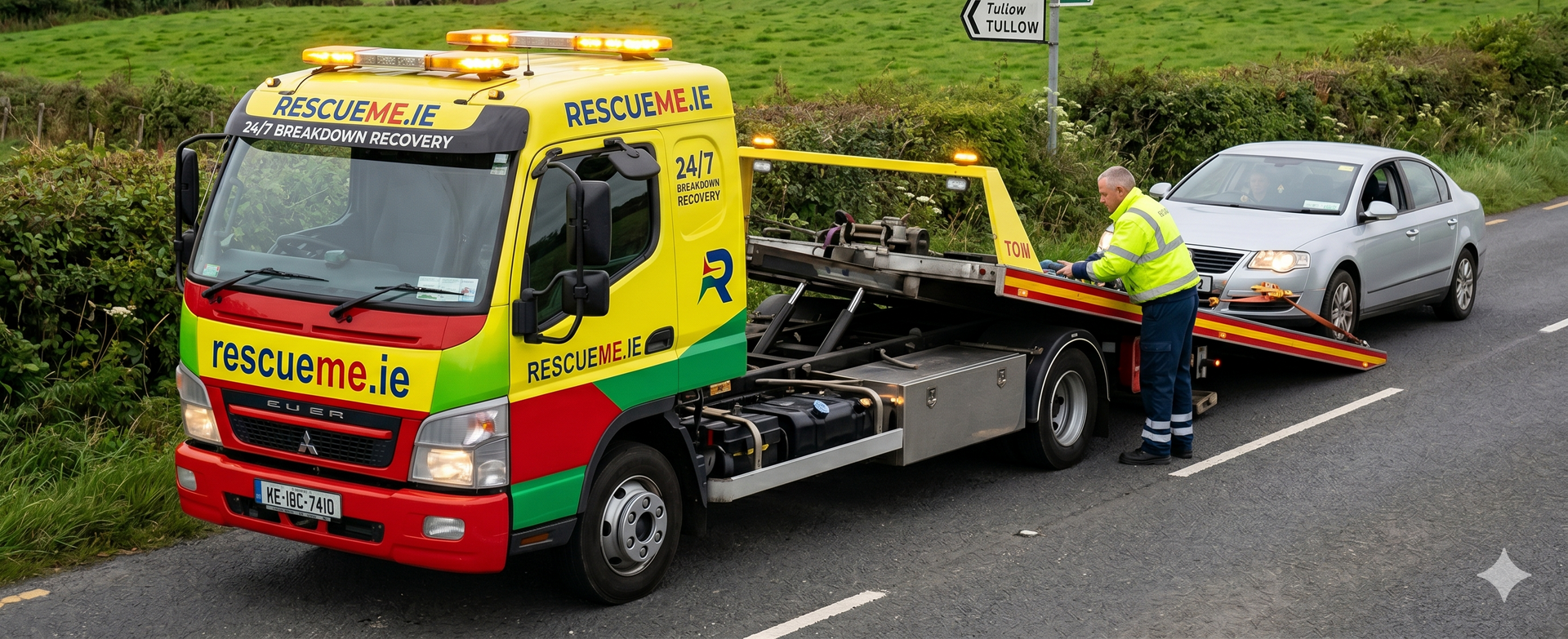 Tow truck assisting broken down car on the R730 near Tullow in County Carlow during recovery callout