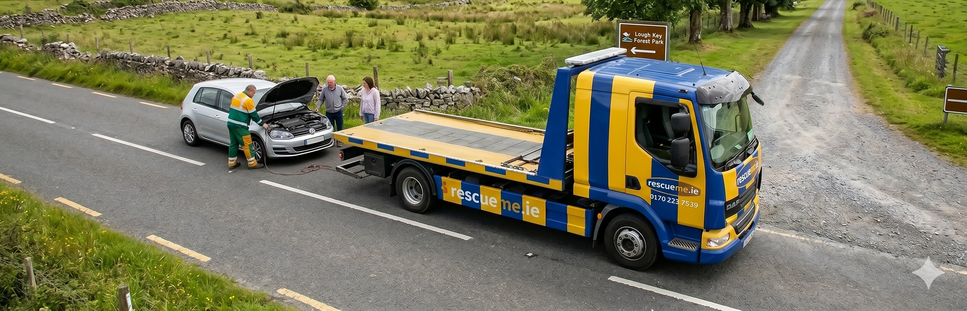 Tow truck assisting broken down car on the R378 near Brideswell in County Roscommon