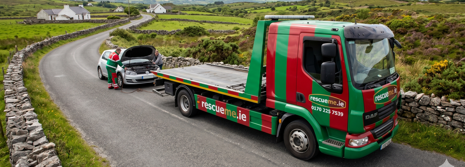 Tow truck assisting broken down car on the R311 near Castlebar in County Mayo