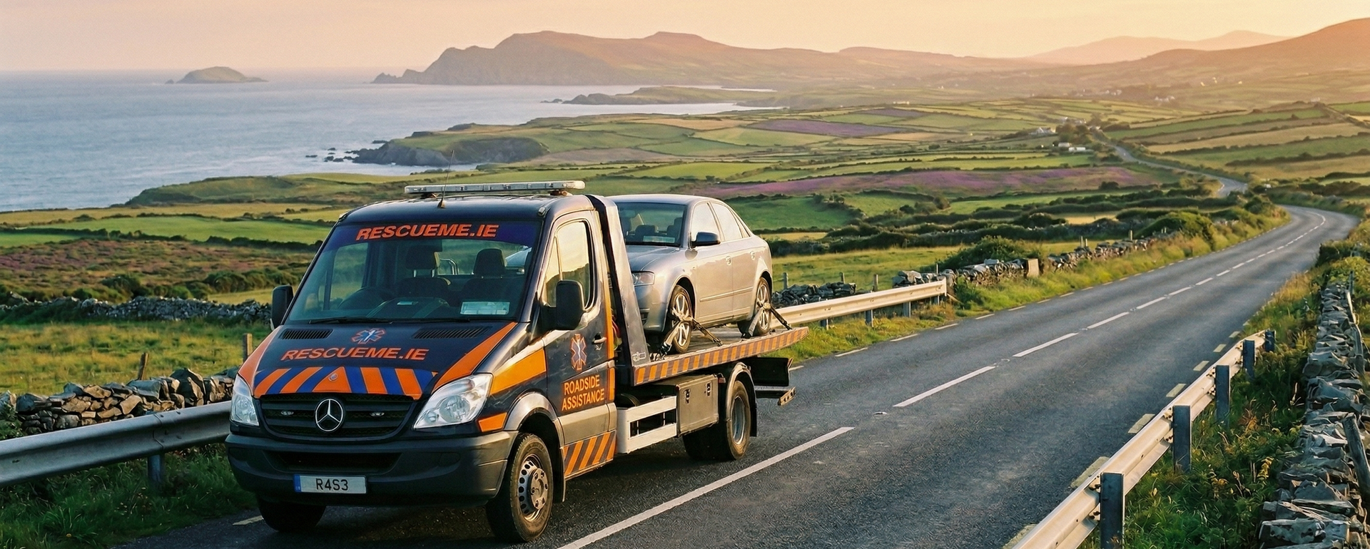 Tow truck assisting a broken down car on the R567 near Cahersiveen in County Kerry