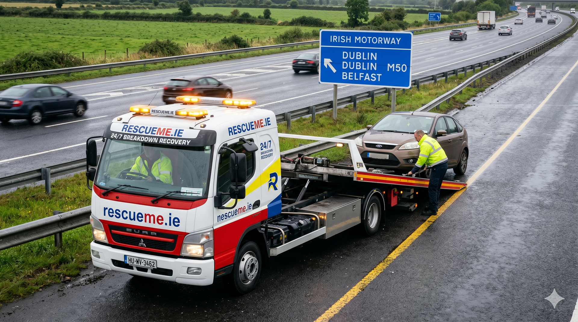 Tow truck assisting broken down car on Irish road near driver location with emergency recovery 