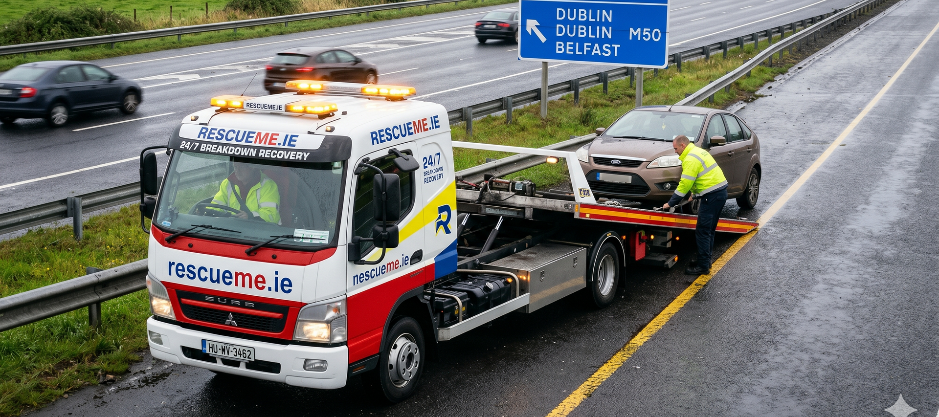 Driver standing beside broken down car in Ireland waiting for tow truck roadside assistance