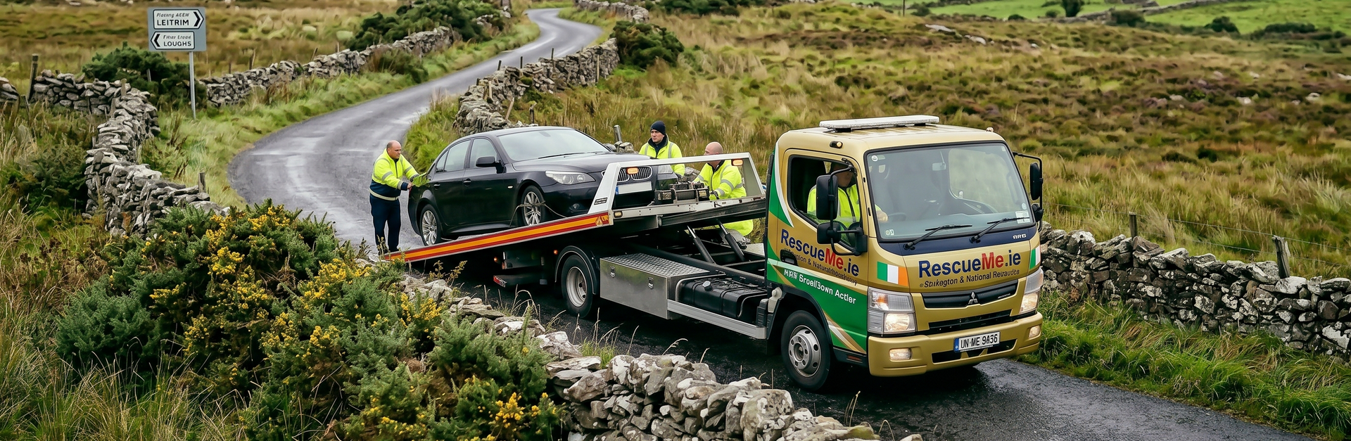 Tow truck assisting broken down car on the R371 near Sligo border in County Leitrim