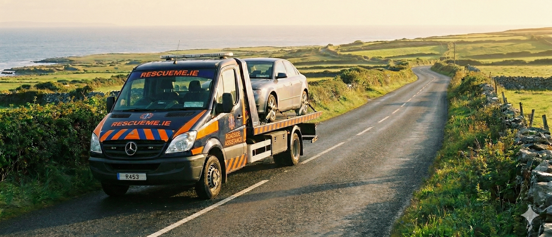 Tow truck assisting a broken down car on the R483 in County Clare between Kilrush and Cree