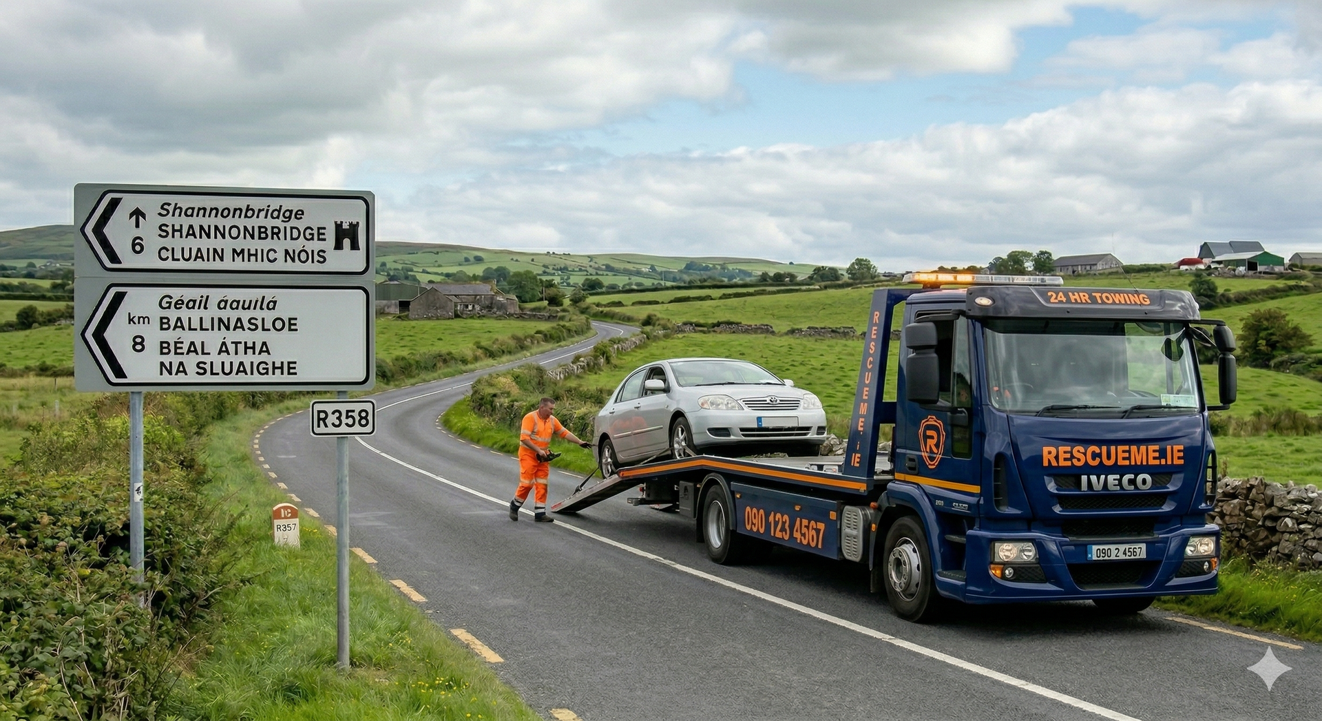 Tow truck assisting a broken down car on the R358 between Aughrim and Laurencetown in County Galway