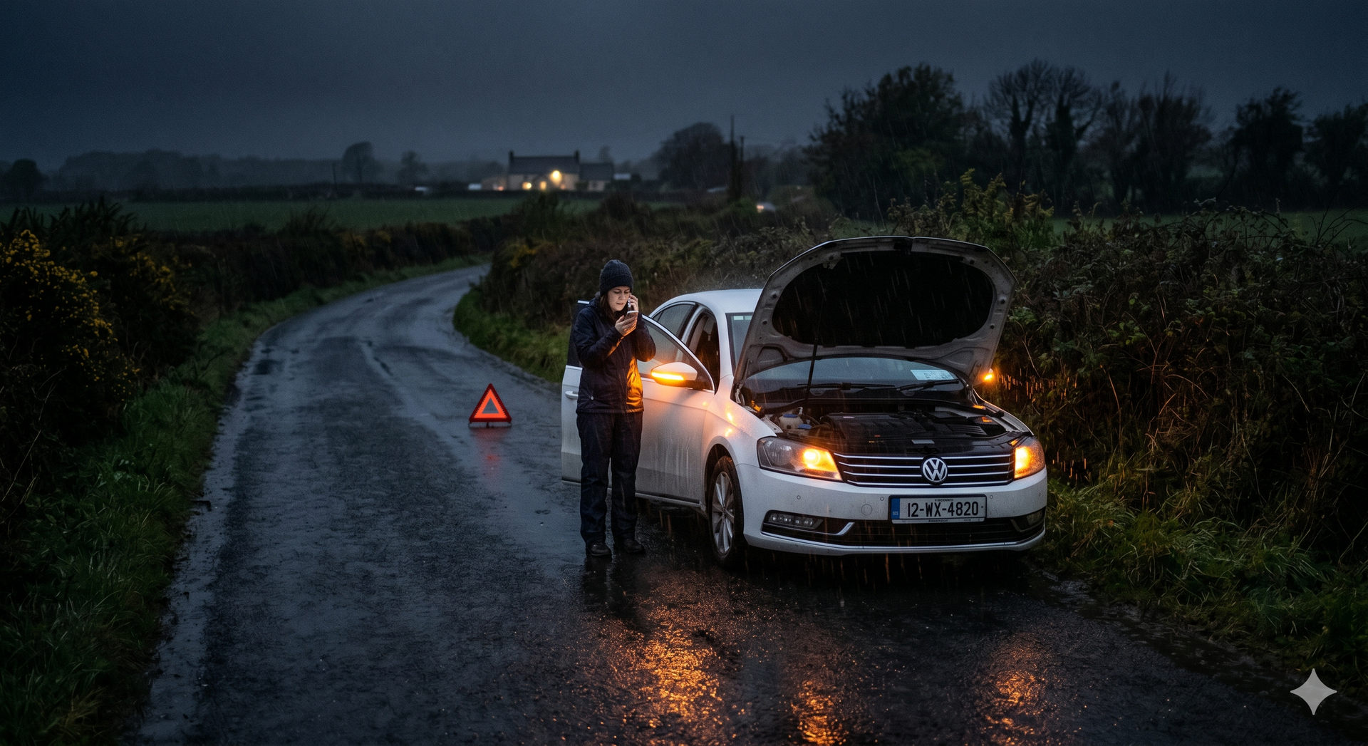 Tow truck assisting broken down car on roadside in Ireland with emergency recovery service active
