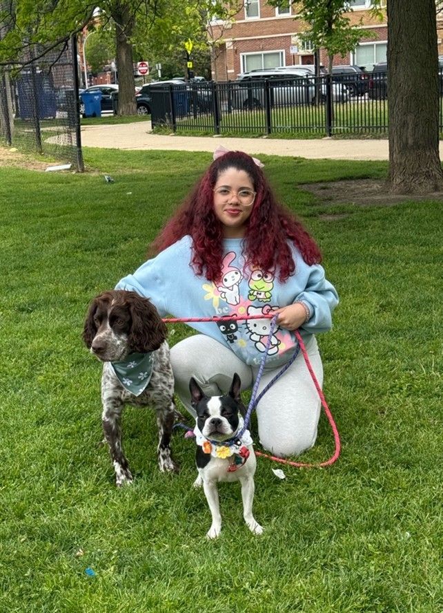 Woman kneels on grass with two dogs on leashes in a park.