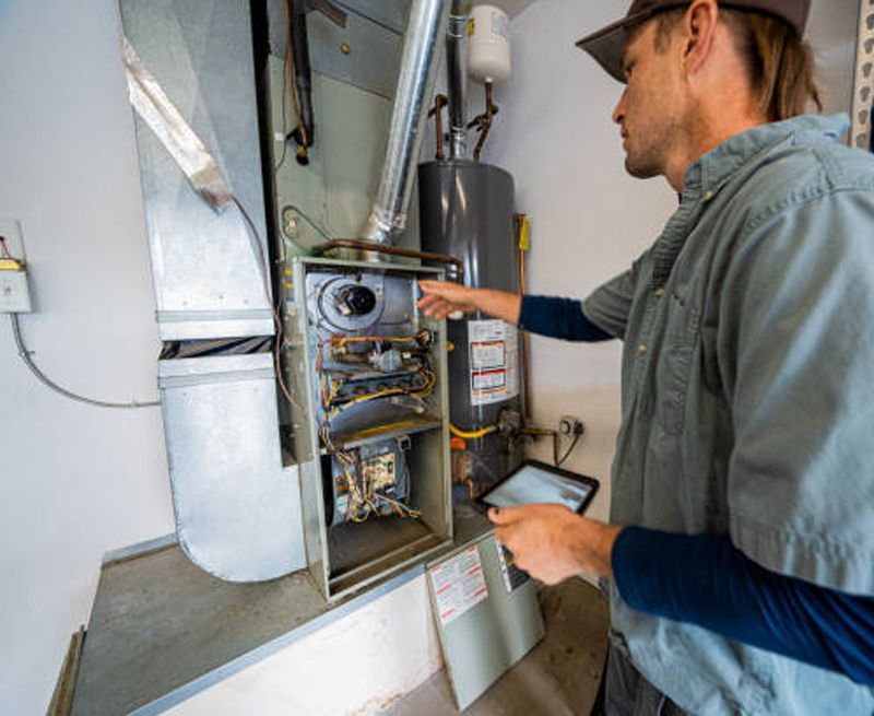 HVAC technician inspecting furnace, pointing, holding tablet. Indoor setting, light skin.