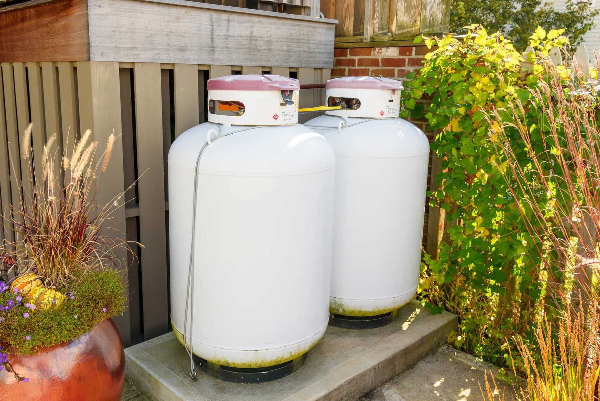 Two white propane tanks sit on concrete steps near a wooden fence and foliage.