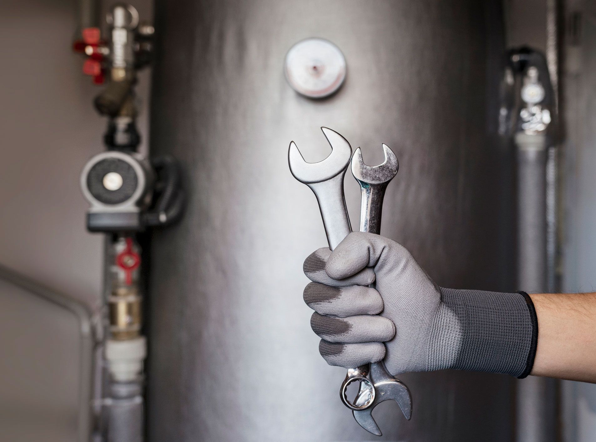 Hand holding two wrenches, likely for plumbing or repair work near a large tank.