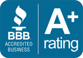 BBB Accredited Business logo on a blue background with an A+ rating displayed to the right.