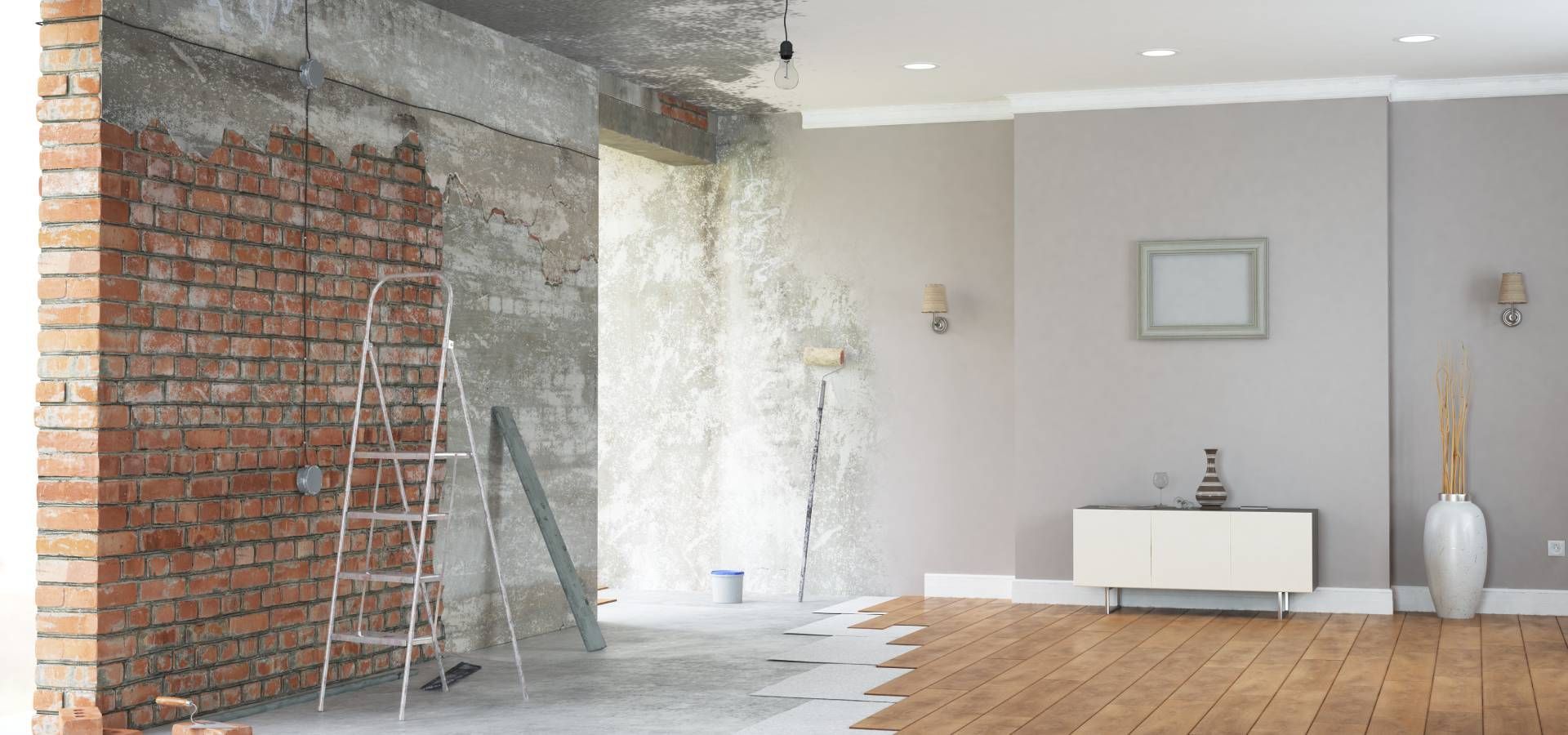 A before and after picture of a living room being remodeled.