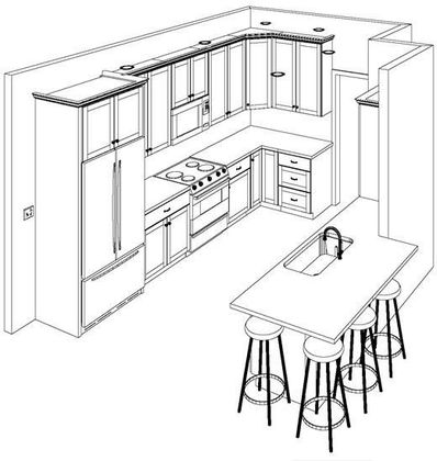 A black and white drawing of a kitchen with stools.