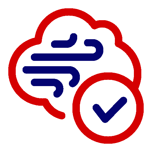 A red and blue icon of a cloud with a check mark in the middle.
