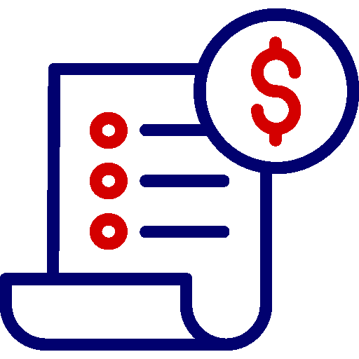 A blue and red icon of a bill with a dollar sign.