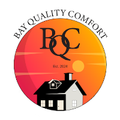Logo for Bay Quality Comfort rodent extermination. Sunset background with a house silhouette and the letters BCQ.