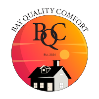 Logo for Bay Quality Comfort rodent extermination. Sunset background with a house silhouette and the letters BCQ.