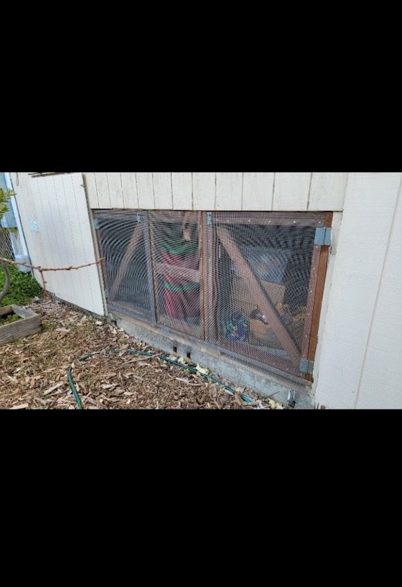 Wooden framed windows covered in wire mesh on a building's white exterior.