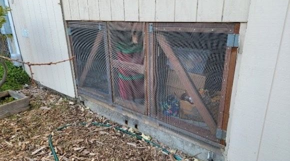 Wooden framed windows covered in wire mesh on a building's white exterior.
