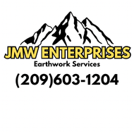 JMW Enterprises Earthwork Services logo with mountain graphic and phone number (209) 603-1204