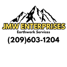 JMW Enterprises Earthwork Services logo with mountain graphic and phone number (209) 603-1204