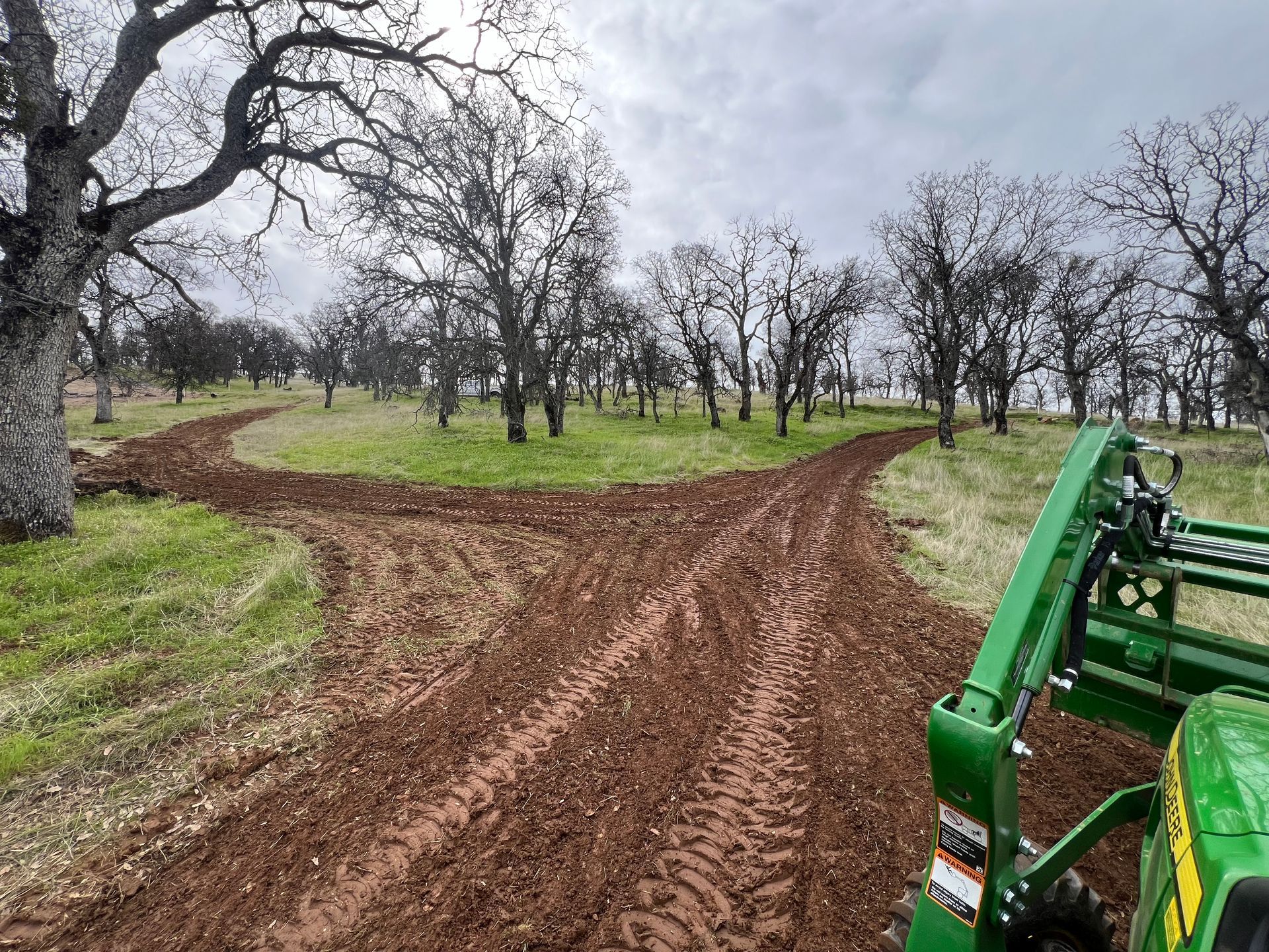 Mud tractor path curving through a leafless orchard, with a green tractor visible on the right