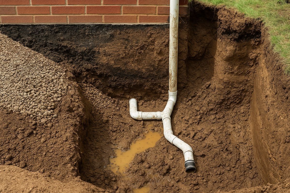 White drainage pipe in a muddy excavation beside a brick wall with standing water.