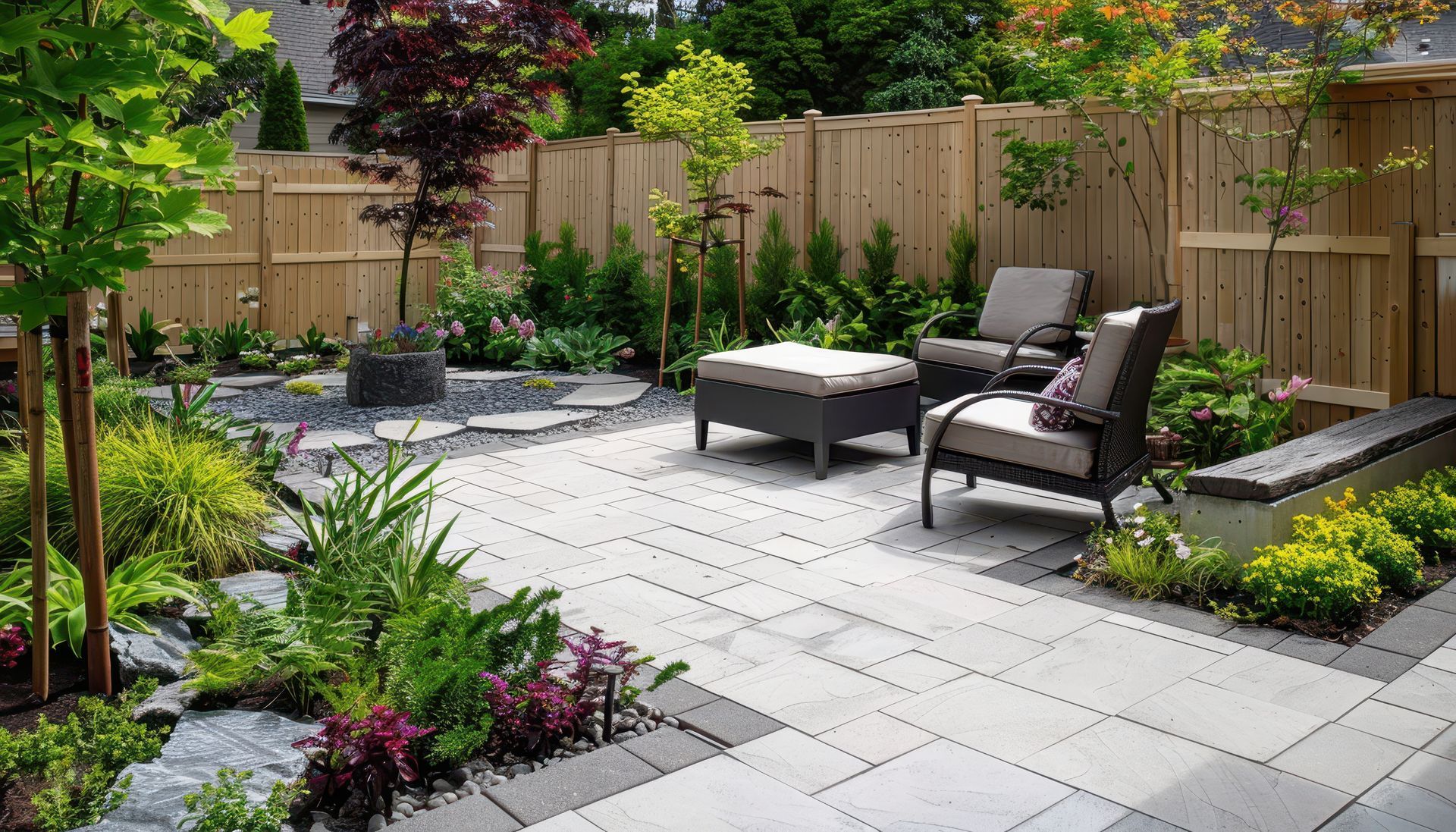 A patio with chairs and a wooden fence in a backyard.