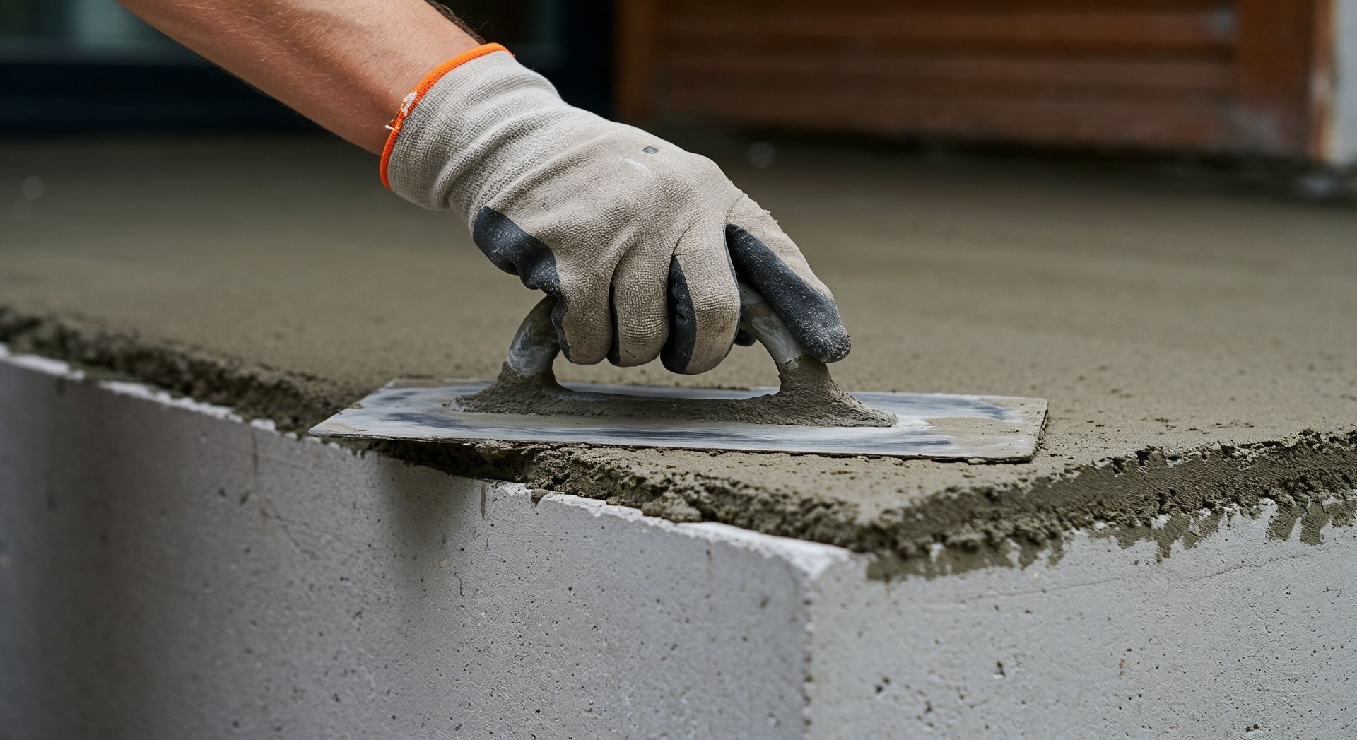 A person is using a trowel to spread concrete on a wall.