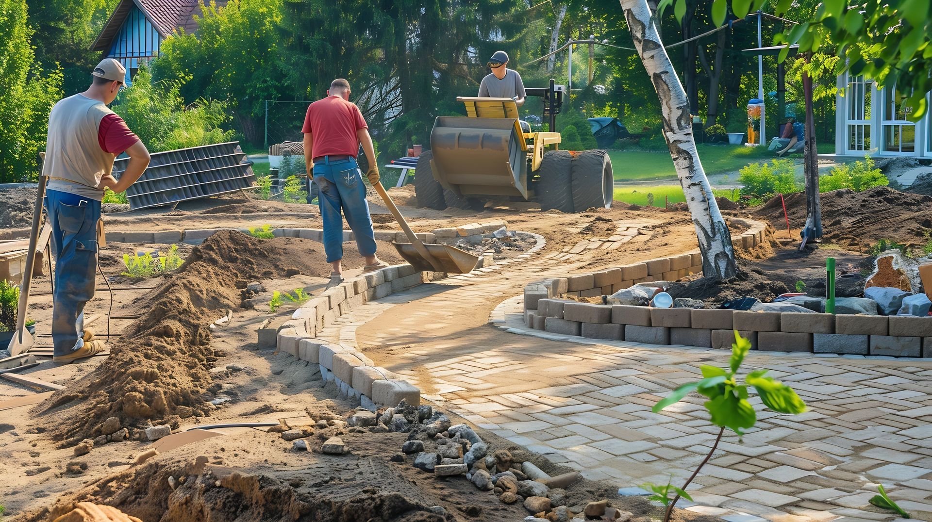 A group of men are working on a patio in a backyard.