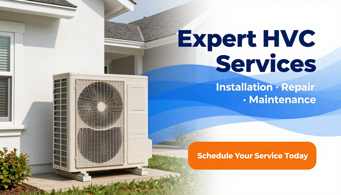 HVAC service ad with outdoor AC unit and text: installation, repair, maintenance, schedule today