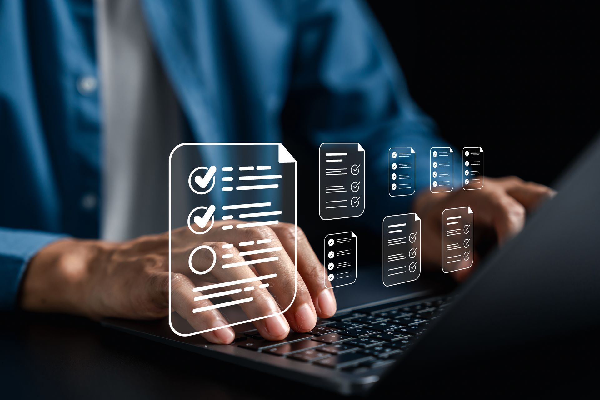 Person typing on laptop, with digital documents and checklist floating above, suggesting document management.