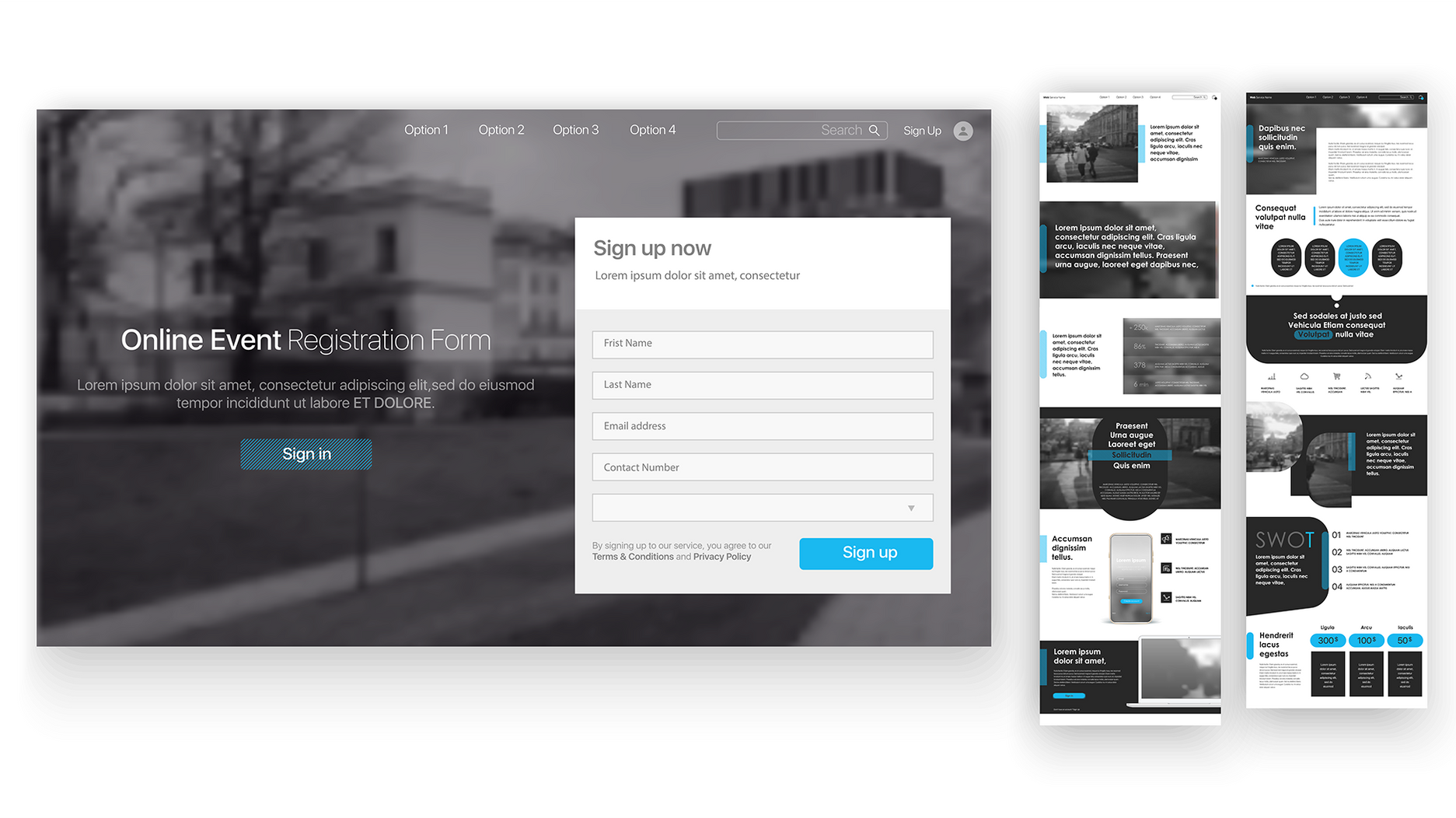 Website mockup with a signup form overlay and several example content pages, grayscale with blue accents.