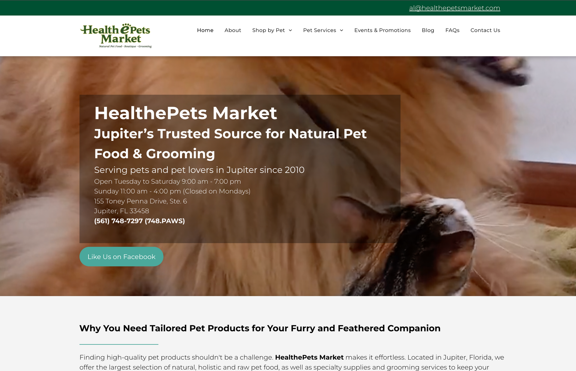 HealthePets Market website. A dog and cat are featured.