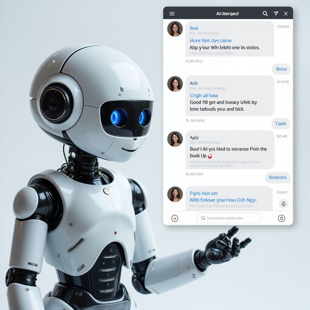 Robot presenting a chat screen with user messages.