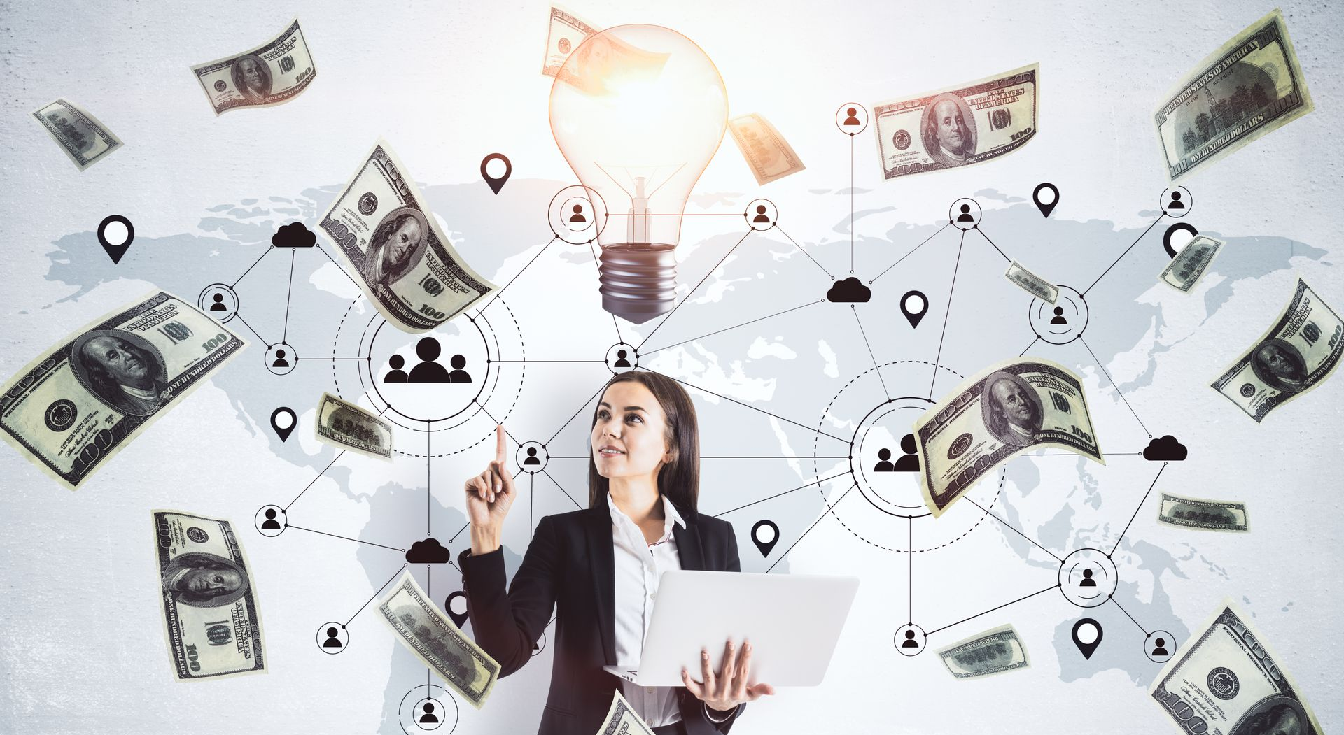 Woman with laptop points to a lightbulb, connected to a network of icons. Money falls from above.
