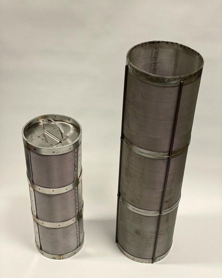 Two cylindrical stainless steel mesh filters of different sizes on a white background.