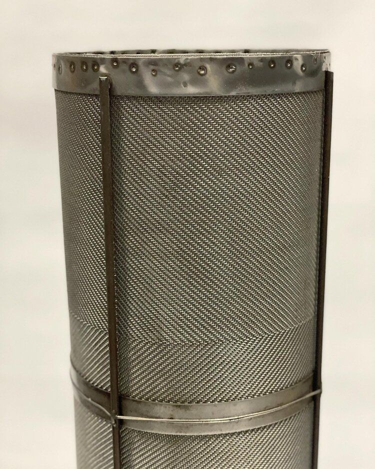 Cylindrical metal mesh filter with metal bands and rivets.