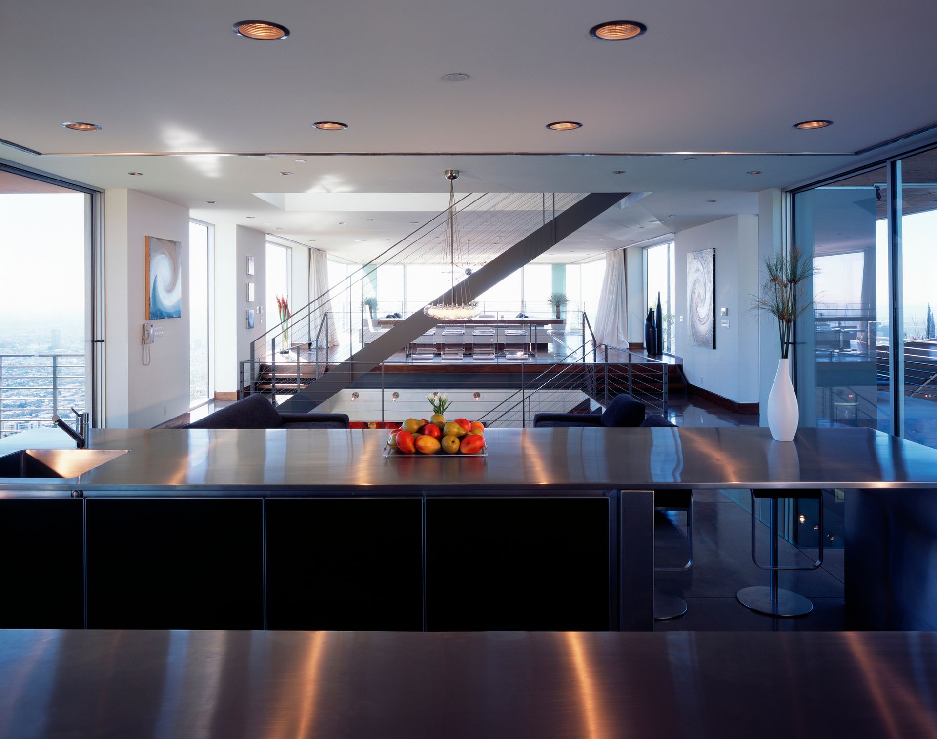 Stainless steel countertops and stairway. Stainless steel countertops and stairway.