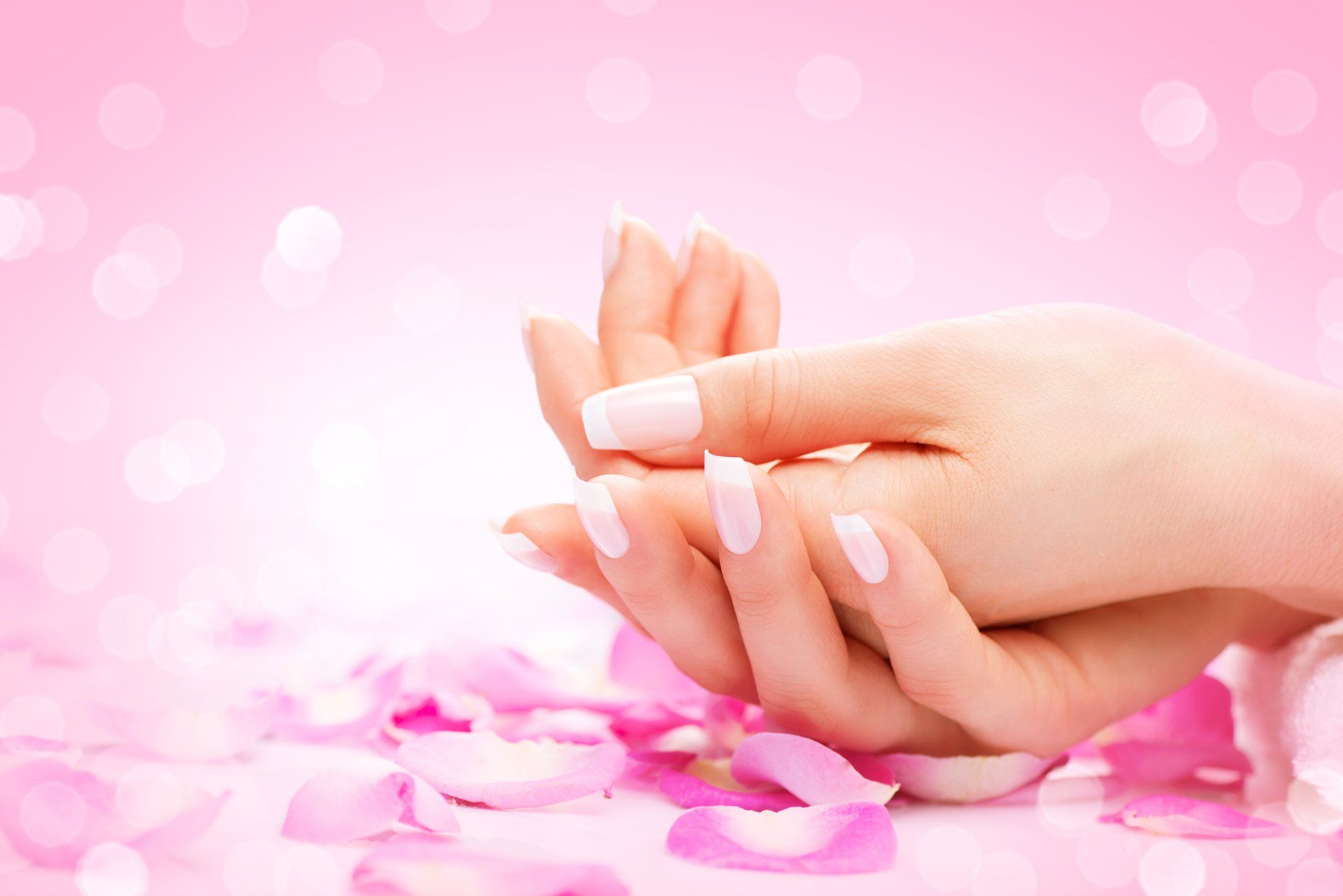 Hands with long, square nails resting on pink rose petals against a blurred pink background.