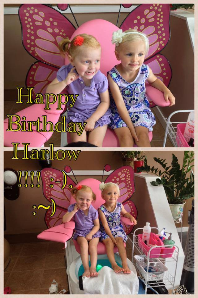 Two young girls with red hair and blonde hair sit in butterfly chairs, celebrating Harlow's birthday.