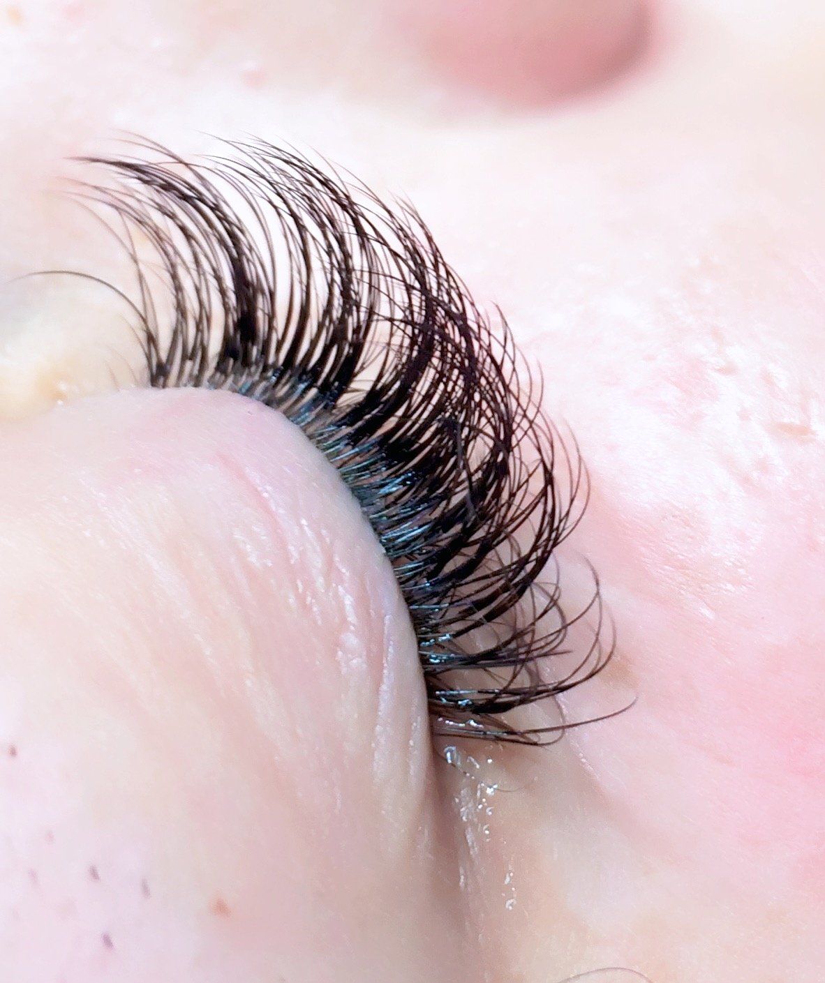 Close-up of closed eye with long, black eyelash extensions. Skin is light, slightly shiny.