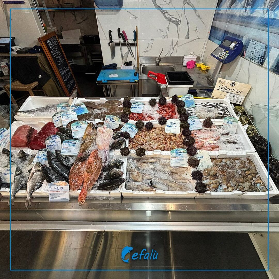 Una vetrina piena di tantissimi tipi diversi di pesce e frutti di mare.