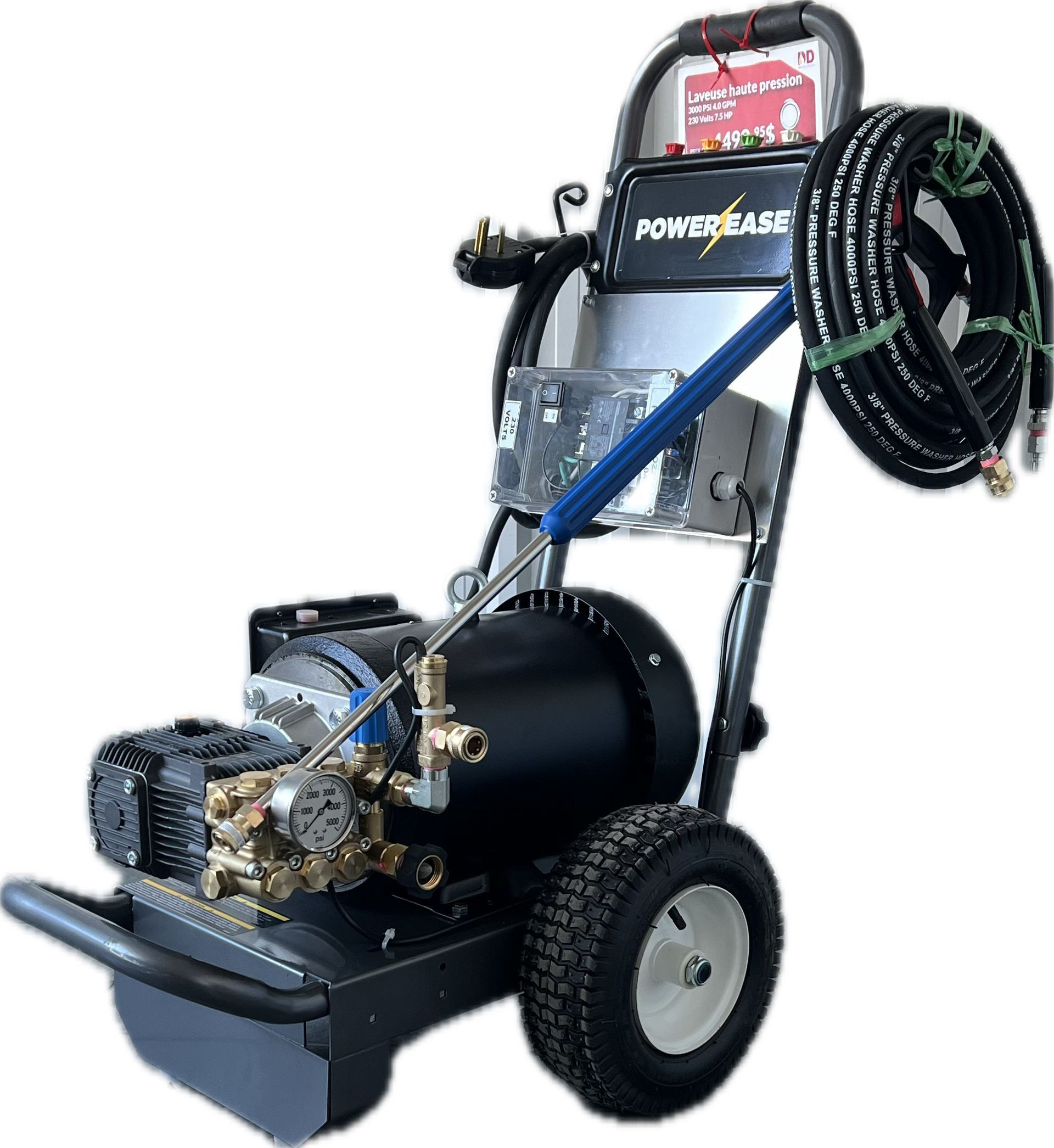 Un nettoyeur haute pression avec un tuyau attaché.