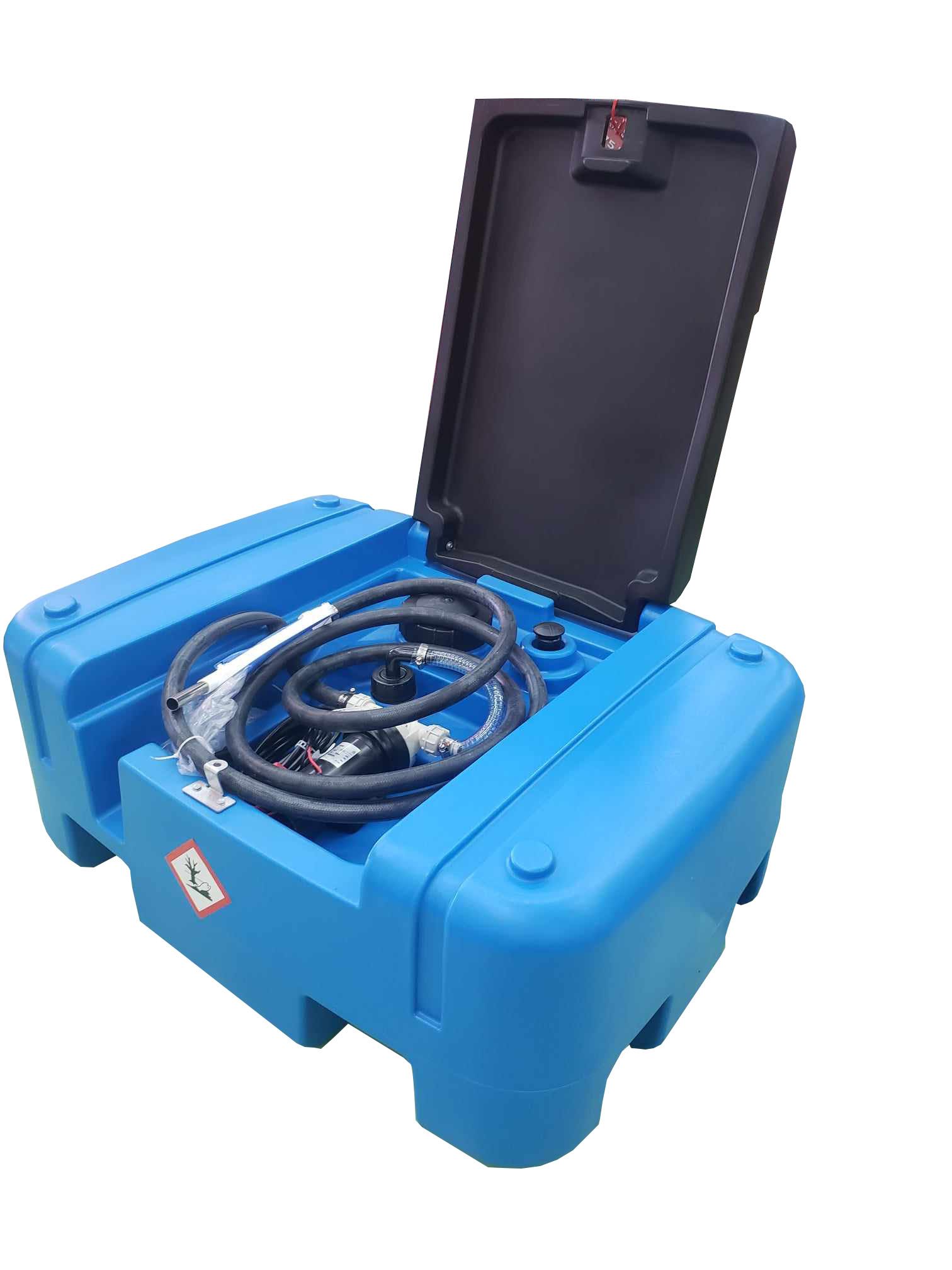 A blue plastic container with a black lid and a hose attached to it.