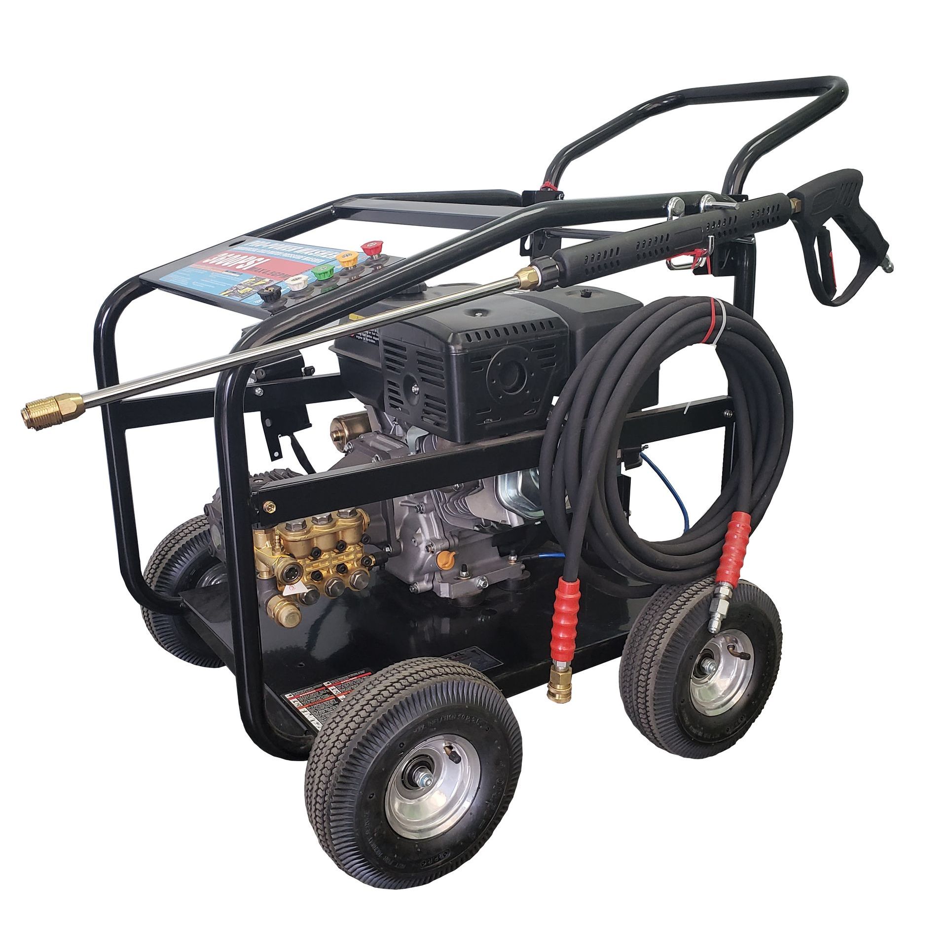 Un nettoyeur haute pression avec roues et un tuyau qui y est attaché.