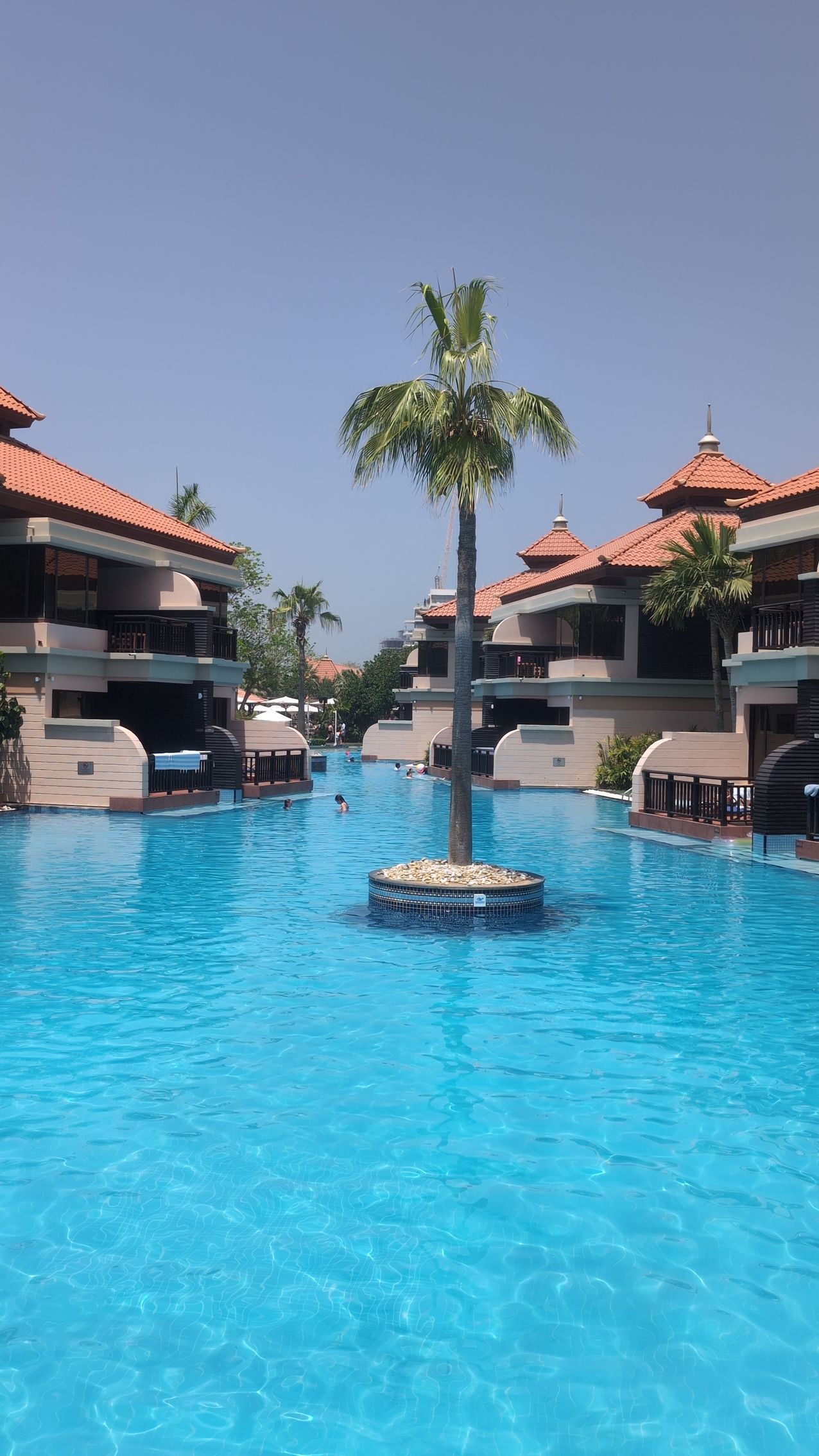 A large blue swimming pool with palm trees, buildings with red roofs under a clear blue sky.